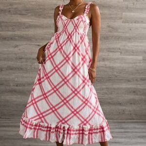 Betsey Johnson XL Pink Plaid Maxi Dress Smocked Ruffle Strap Cottagecore NWOT